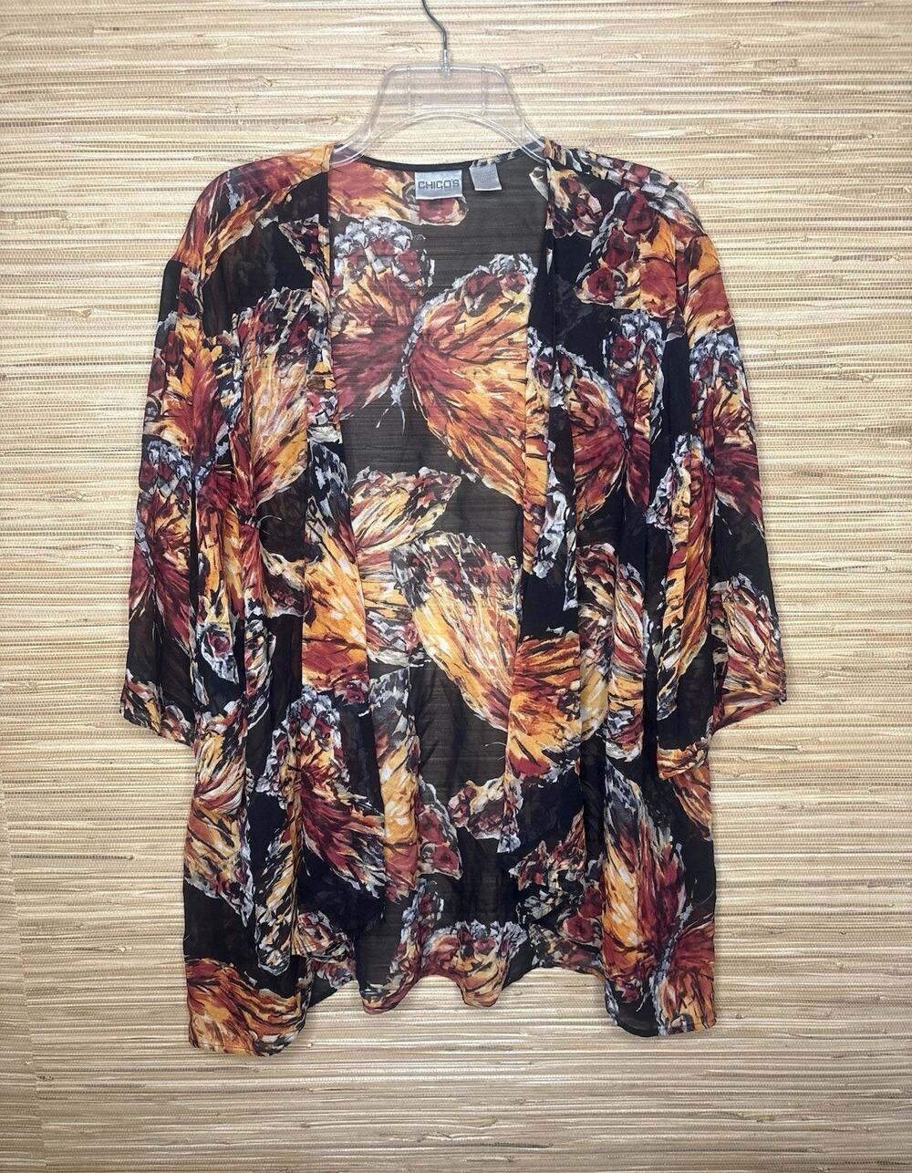 Chico's Sheer Silk Monarch Butterfly Print Kimono Sz 2